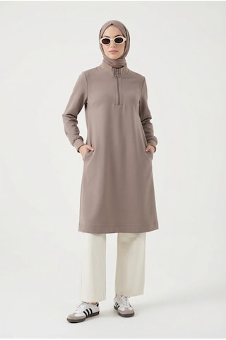 Armine Fermuar Detaylı Basic Tunik Vizon