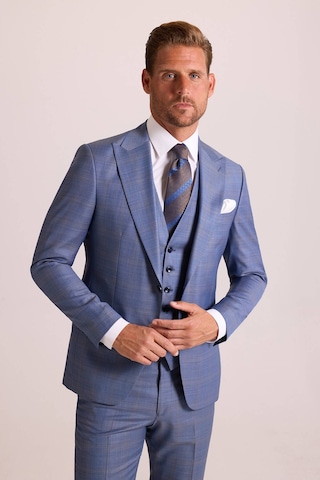 Erkek Mavi Slim Fit Sivri Yaka Yelekli Yün Takım Elbise
