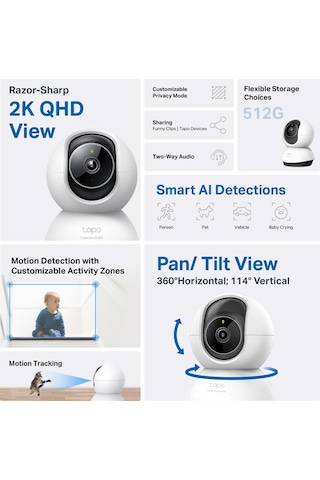 Tp-lınk Tapo Tc72 C220 , 2k Qhd 4,0mpix, İç Mekan Wifi, 9mt. Gece Görüşü, 360 Dönüş, İki Yönlü Ses Güvenlik Yapay Zeka Destekli Kamera