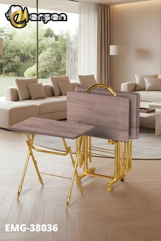 Eranş Serisi 4'lü Katlanır Mdf Mebran Ahşap Çanta Zigon Sehpa Gold Ayak Koyu Barok Desen Gold Ayak