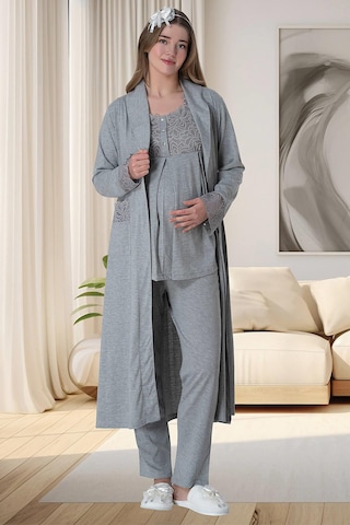 Mecit Pijama Mecit 6003 Gri Sabahlıklı Lohusa Pijama Takımı