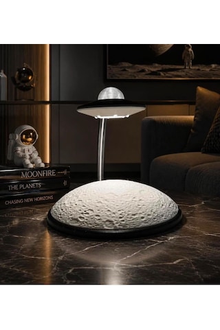 3dlab Ay Yüzeyli Ufo Gece Lambası - Uzay Temalı Dekoratif Usb'li Masa Lambası Beyaz