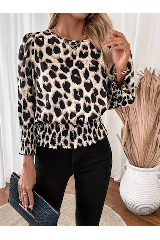 Efnaz Style Kadın Uzun Kollu Bisiklet Yaka Leopar Desenli Modal Bluz