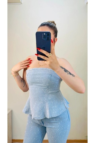 Elora Atelier Taşlı Peplum Straplez Denim İkili Takım Çok Renkli