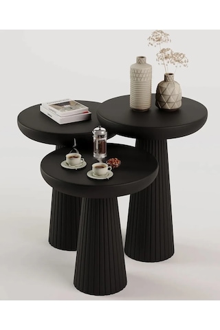 3 Lü Siyah Set Kalın Fitilli Mantar Yan Sehpa Modern