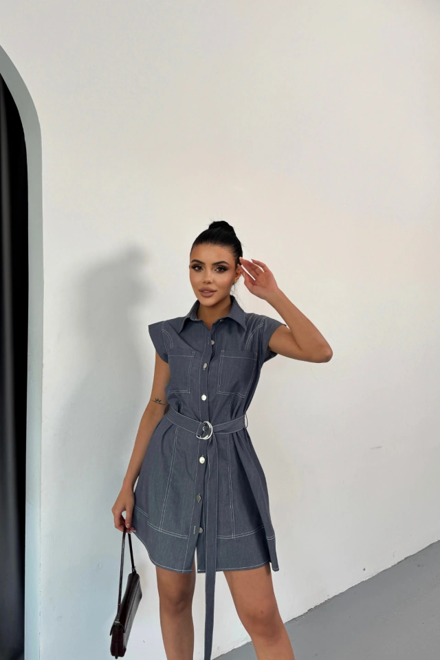 Simala Gömlek Elbise Kolsuz Tencel Kumaş - Mavi Mavi