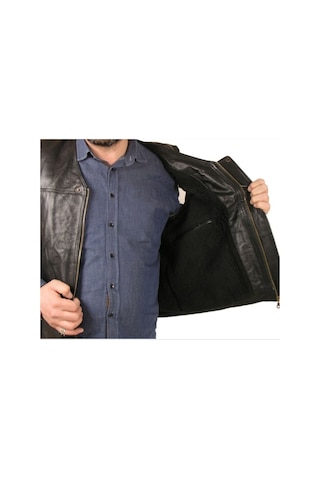 Hakiki Deri Siyah Harrington Fermuarlı Erkek Deri Yelek Kahverengi