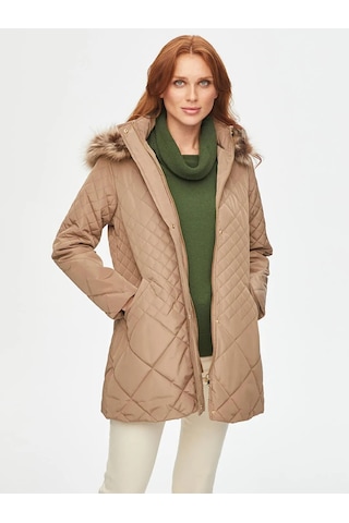 Faik Sönmez Kürk Kapüşonlu Kapitone Kadın Kaban B00041 Bej