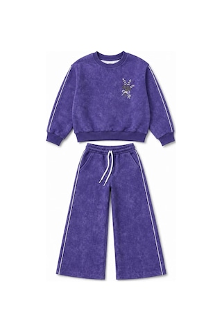 Rony Pony Kids Kız Çocuk Mor Yıkama Efektli Çiçek Nakışlı Omuz Biyeli Sweatshirt Ve Palazzo Eşofman Takımı