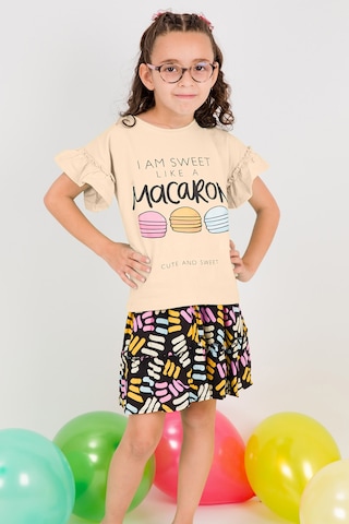 Hçm Kız Çocuk Tshirt Etek Takım Makaron Baskılı B23 Bej