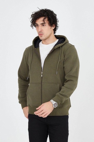 Barlashive Erkek 3 İplik Pamuklu Fermuarlı Kapüşonlu Kanguru Cepli Hoodie Hırka Sweatshirt - Yeşil Çok Renkli