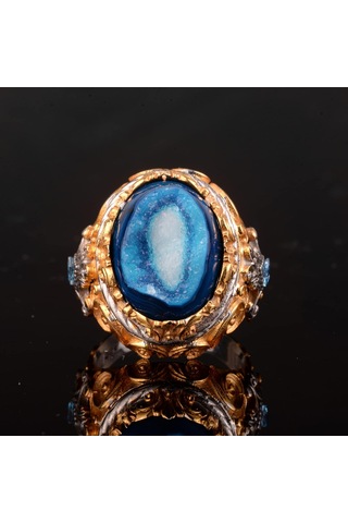 Doğal Druzy Kuvars İle Gümüş Doğum Taşı Yüzüğü - Gümüş Erkek Büyük Yüzük Gümüş