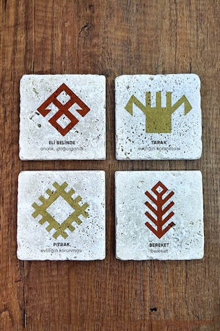 Doğal Taş Bardak Altlığı 4'lü Set 10x10x1 Cm Anadolu Motifleri Stone Coasters Çok Renkli