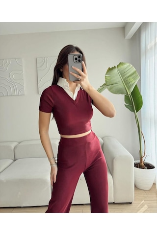 Elaxi Ottoman Kumaş Gömlek Garnili Crop-pantolon İkili Takım Bordo