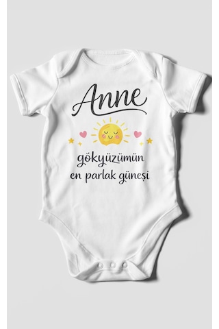 Morivokids Anne, Gökyüzümün En Parlak Güneşi Kısa Kollu Bebek Body Beyaz