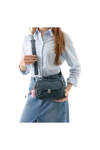 Vegan Deri Kadın Postacı Çanta 21 15 Cm Yıkama Suni Deri Omuz Çantası Çapraz Askılı Çanta Mavi