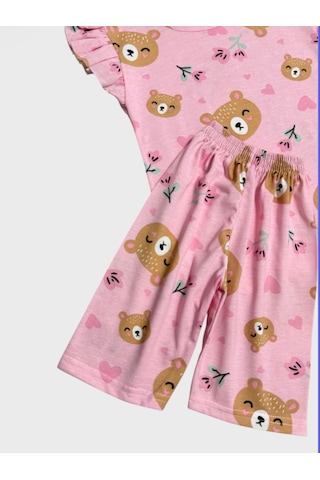 Aliş Kids Kız Çocuk Pamuklu Pembe Ayıcık Kalp Desenli Kolları Fırfırlı Kısa Kollu Şortlu Yazlık Pijama Takımı