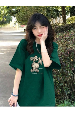 Noıssey Karikatür Ve Grafik Tasarım Oversize T-shirt Cartoon/letter Serisi Kod195 Yeşil