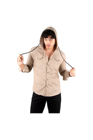Deep Sea Deepsea Bej Kapüşonlu Likralı Kot Gömlek Slim Fit Çıt Çıt Kapamalı Erkek Gömlek 2300396