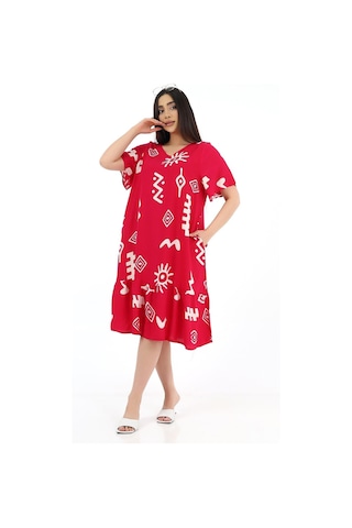 Schık Kadın Viskon Yarım Kol V Yaka Cepli Fırfırlı Elbise Kırmızı Kırmızı