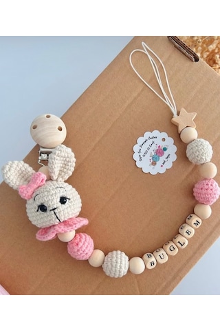 Emzik Zinciri Amigurumi Emzik Tutucu Beyaz - Pembe Emzik Zinciri Amigurumi Emzik Tutucu Beyaz - Pembe