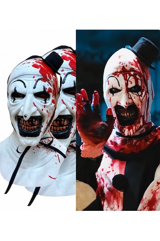 Cadılar Bayramı Korkunç Palyaço Maskesi Kanlı Katil Palyaço Kostüm Maskesi, Siyah Şapkalı Halloween Parti Aksesuarı 18+