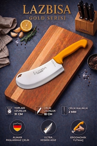 Lazbisa Mft-012 Gold Serisi Pide Börek Mutfak Bıçağı Salata Pizza Bıçak Kıyma Satırı Doğrama 2 Li Set Sarı