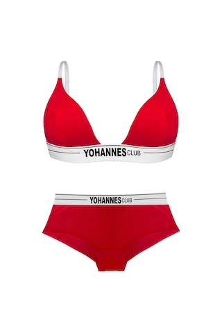Yohannes Club, Kadın Pamuklu İç Çamaşırı Takımı, Renk Seçenekli, Üçgen Sütyen-kemerli Boyshort-boxer Külot Kırmızı
