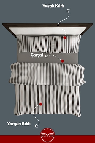 Saten Çizgili Çift Kişilik Lüks Nevresim Takımı Set 200x200 Cm Koyu Gri