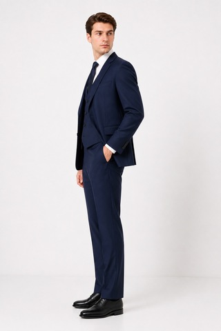 Bihan Store Erkek 6 Drop Slim Fit Yelekli Takım Elbise Çift Yırtmaç Altın Kuş Gözü - Koyu İndigo Koyu Indigo