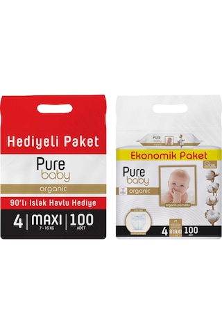 Purebaby Cırtlı Bez 4 Numara Maxi 100 Adet + Islak Havlu