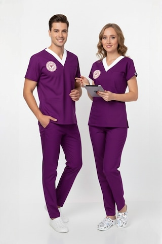 Unisex Byzantium Mor Sorumlu Ebe Scrubs Üniforma Takım Sağlık Bakanlığı Yeni Yönetmeliğe Uygun Mor
