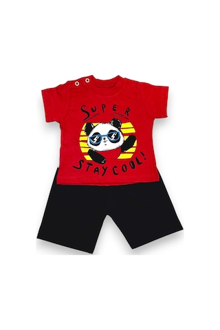 Ayıcık Desenli Erkek Bebek Şortlu Takım Kırmızı