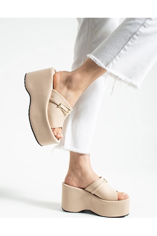 Dabab Shoes Lunara Kadın 3'lü Paket Tokalı 10 Cm Platform Topuklu Kalın Taban Terlik Sandalet Bej - Kahve - Taba Kahverengi Kombin