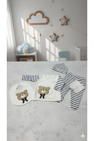Balbeybi Yenidoğan Ayıcıklı 5 Parça Bebek Hastane Çıkış Seti %100 Pamuk Unisex Kutulu Set Bay-yndg-5l-2025a Beyaz