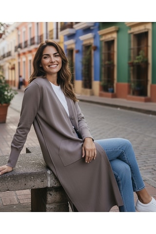 Kadın Önü Düğmeli V Yaka Cepli Mevsimlik Hırka Vizon