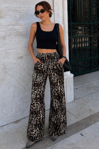 Madmext Koyu Siyah Ayarlanabilir Bel Leopar Desenli Bol Paça Pantolon Mg2095