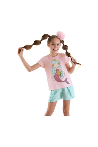Denokids Mushi Deniz Kızı Kız Çocuk T-shirt Şort Takım Çok Renkli