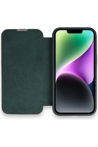 Apple Uyumlu iPhone 14 Pro Max Kapaklı Kılıf Parmak Izi Bırakmaz Dışı Deri Içi Süet Tasarım Koyu Yeşil