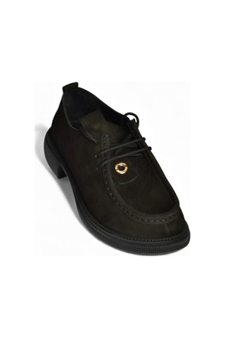 Fox Shoes V944085601 Siyah Hakiki Deri Nubuk Bağcıklı Günlük Kadın Ayakkabı Siyah
