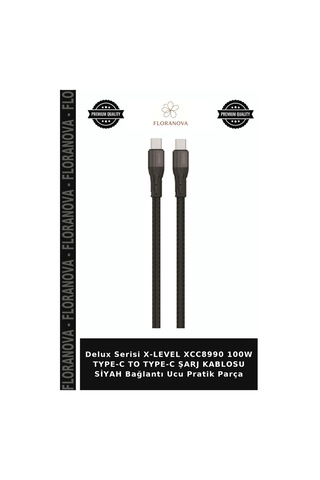Delux Serisi X-level Xcc8990 100w Type-c To Type-c Şarj Kablosu Siyah Bağlantı Ucu Pratik Parça