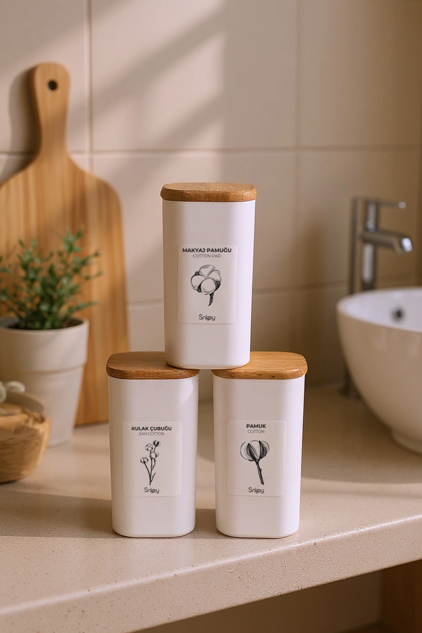 Luvo Beyaz - 3'lü Kare Ahşap Vakum Kapaklı Banyo Düzenleyici Plastik Banyo Seti Etiketli Organizer Beyaz