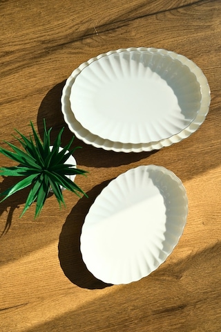 Kütahya Porselen Bone Luz Form Kayık Tabak Seti Platin 3 Parça Krem