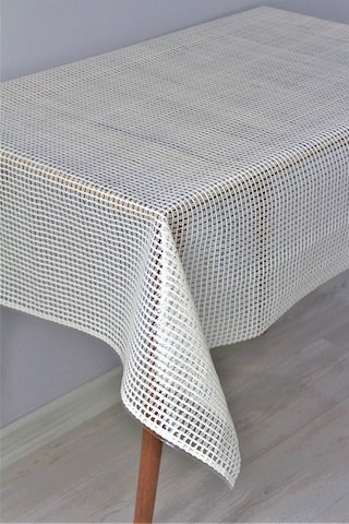 Pvc Şeffaf Kaplama Silinebilir Masa Örtüsü Örgü Hasır Krem