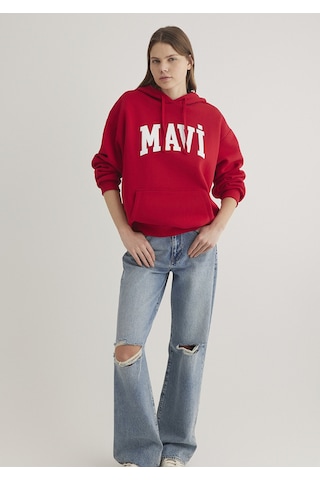 Mavi - Mavi Logo Baskılı Kapüşonlu Kadın Sweatshirt 1600361-86417 Kırmızı