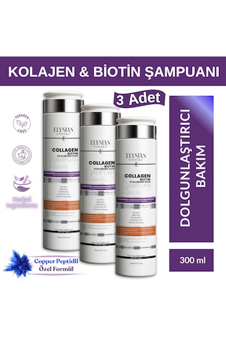Elysian Essence Kolajen Collagen & Biotin & Hyaluronic Acid Şampuanı 3 Adet Copper Peptidli Nemlendirici, Dolgunlaştırıcı, Besleyici Bakım 300 Ml Tüm Saç Tipleri