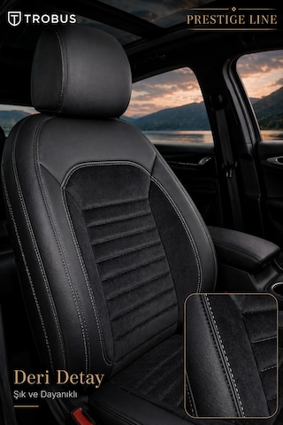 Volkswagen Bora 1998-2005 Tay Tüyü Deri Detay Koltuk Kılıfı Prestige Line Siyah Beyaz