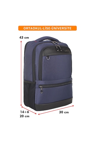 Körüklü Lacivert Okul Sırt Çantası Lise Universite Unisex Su Geçirmez Kumaş 14"-15,6" İnç Lacivert