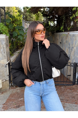 Unika Boutique Kadın Dik Yaka Fermuarlı Crop Şişme Bomber Mont Çok Renkli