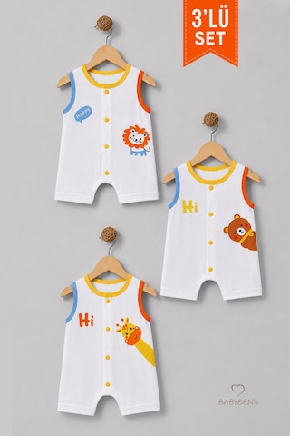 Babyden's Erkek Bebek Şortlu Tulum 3'lü Set % 100 Pamuklu Kolsuz Çıtçıtlı Yazlık Safari Baskılı Yenidoğan Bebek Tulumu Çok Renkli
